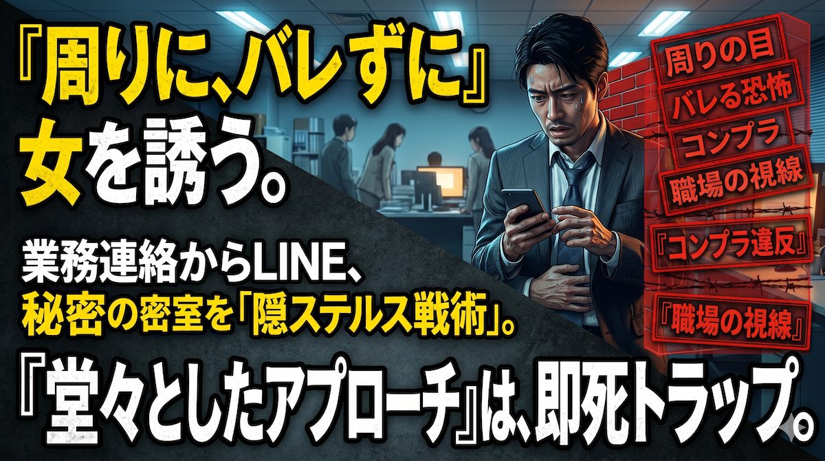職場のデスクで周囲の目を気にしながら、女性にバレずにLINEで業務連絡を装い秘密のメッセージを送る男の緊張感