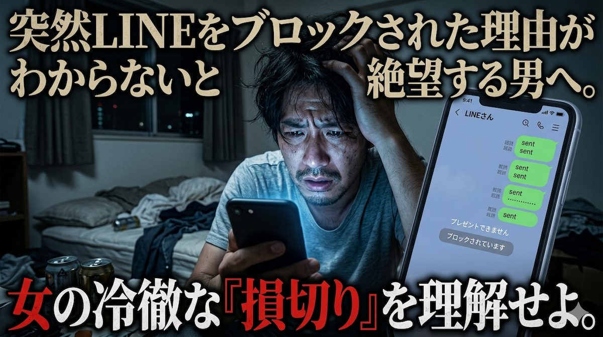深夜の薄暗い部屋でスマホの画面を見つめ、突然LINEをブロックされた絶望と理由がわからない苦悩に顔を歪める男性