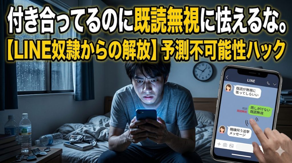 深夜の自室で、彼女からのLINEの既読無視に焦り、スマホの画面を何度も見つめながら機嫌を伺う追撃メッセージを送ろうと震える男の姿