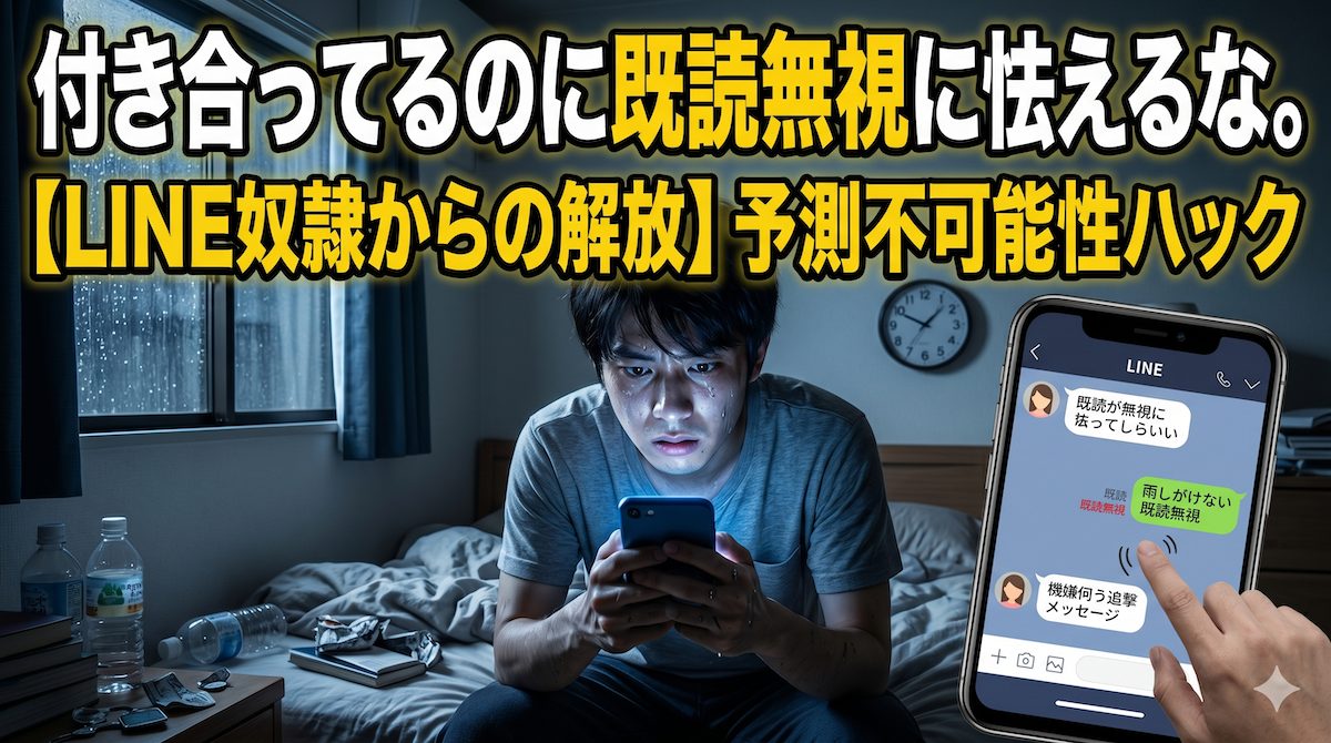 深夜の自室で、彼女からのLINEの既読無視に焦り、スマホの画面を何度も見つめながら機嫌を伺う追撃メッセージを送ろうと震える男の姿