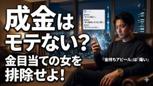タワーマンションの高層階でハイブランドの時計を身につけながらも、スマホ画面に映る空虚なSNSの通知を見つめ、底知れぬ孤独と自信のなさに苛まれる30代投資家の姿