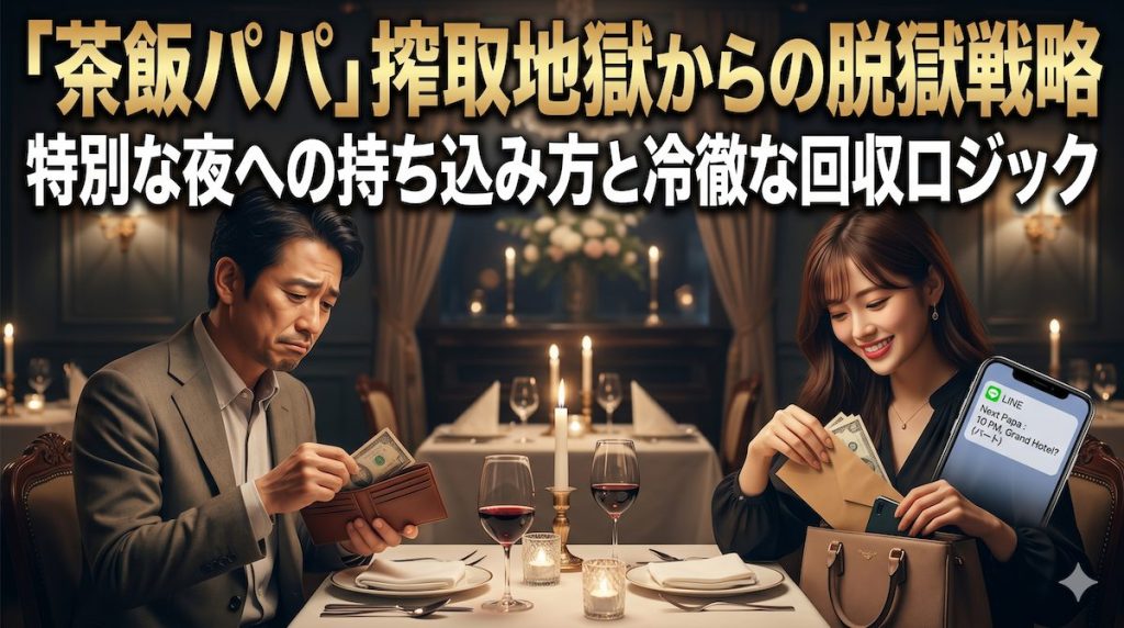 高級フレンチのテーブルで財布を開く男性の向かいで、笑顔でお手当の封筒をバッグにしまいながら別のパパとのアポを確認するパパ活女子の姿