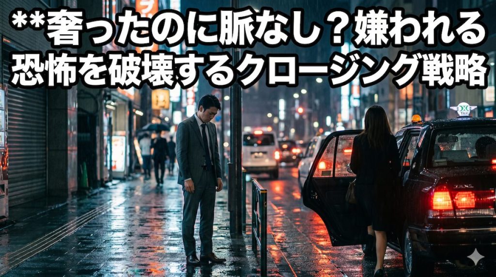 高級レストランを出た後の六本木の路上で、タクシーに乗り込む女性を見送りながら、何もできなかった後悔と自己嫌悪に苛まれるスーツ姿の男性