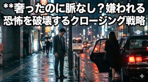 高級レストランを出た後の六本木の路上で、タクシーに乗り込む女性を見送りながら、何もできなかった後悔と自己嫌悪に苛まれるスーツ姿の男性