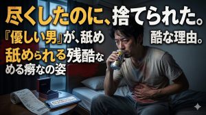 高級レストランでの奢り損を思い出しながら、薄暗い部屋で一人安酒を煽り、尽くしたのに捨てられた報われない現実に胃を痛める誠実な男の姿