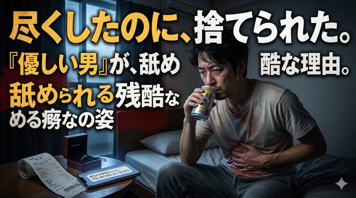 高級レストランでの奢り損を思い出しながら、薄暗い部屋で一人安酒を煽り、尽くしたのに捨てられた報われない現実に胃を痛める誠実な男の姿