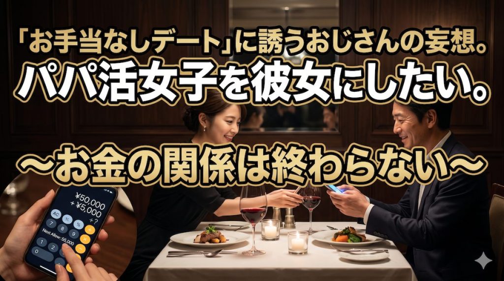 高級レストランのテーブルで連絡先を交換しようとスマホを差し出す男性に対し、笑顔で交わしながらテーブルの下で次のお手当の計算をしているパパ活女子の姿
