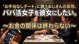 高級レストランのテーブルで連絡先を交換しようとスマホを差し出す男性に対し、笑顔で交わしながらテーブルの下で次のお手当の計算をしているパパ活女子の姿