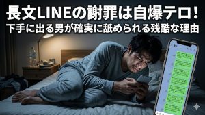 深夜の薄暗い部屋でスマホを握りしめ、女性を怒らせた恐怖から既読スルーに対して重い長文LINEの謝罪と追撃を送り後悔に苦しむ男性の絶望