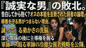 告白のタイミングを悩み、誠実に順番を守ろうとして女性に冷められる男性と、その横で画面外の男にLINEを送る女性