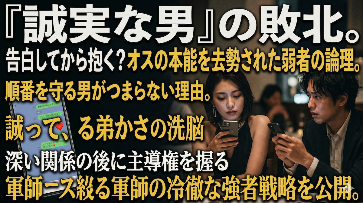 告白のタイミングを悩み、誠実に順番を守ろうとして女性に冷められる男性と、その横で画面外の男にLINEを送る女性