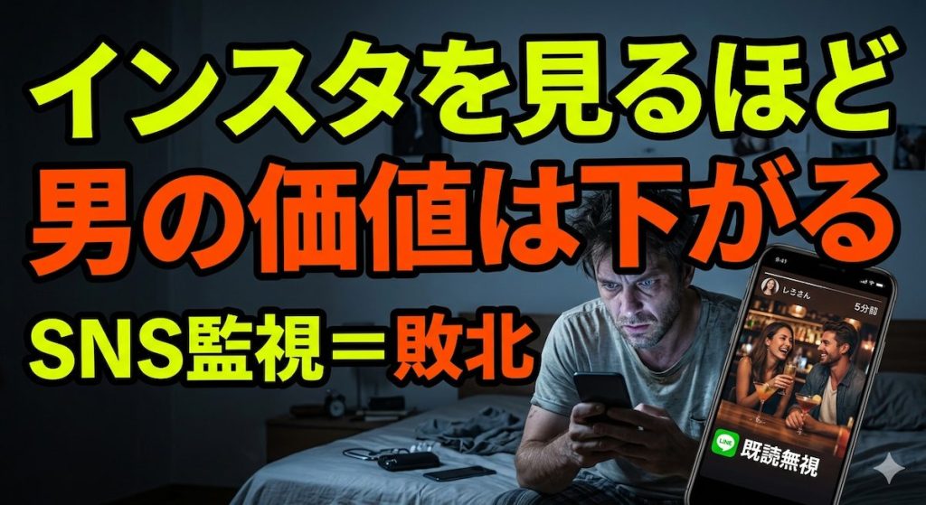 深夜の薄暗い部屋でスマホの画面を凝視し、既読無視なのにインスタ更新した女性のストーリーを見て嫉妬と絶望に歪む男性の顔
