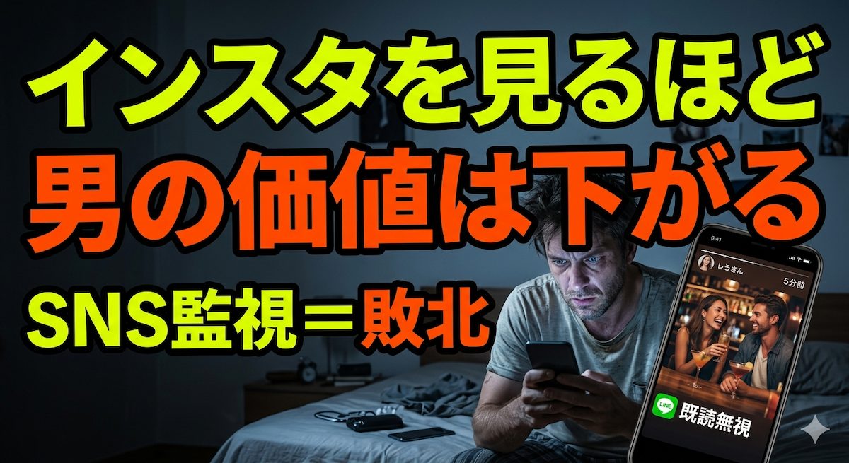 深夜の薄暗い部屋でスマホの画面を凝視し、既読無視なのにインスタ更新した女性のストーリーを見て嫉妬と絶望に歪む男性の顔