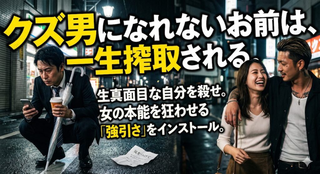 優しい気遣いを重いとあしらわれ、隣で強引なオラオラ系の男に笑顔を向ける女性を見つめて敗北感を噛み締める生真面目な男性
