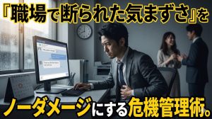 職場の女性に誘いを断られた翌日の月曜日の朝、気まずさと冷や汗で胃を痛めながらPCのモニターを見つめる敗北した男の姿