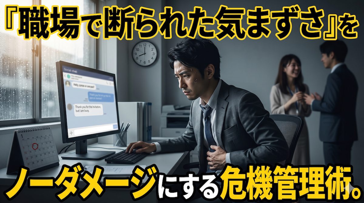職場の女性に誘いを断られた翌日の月曜日の朝、気まずさと冷や汗で胃を痛めながらPCのモニターを見つめる敗北した男の姿