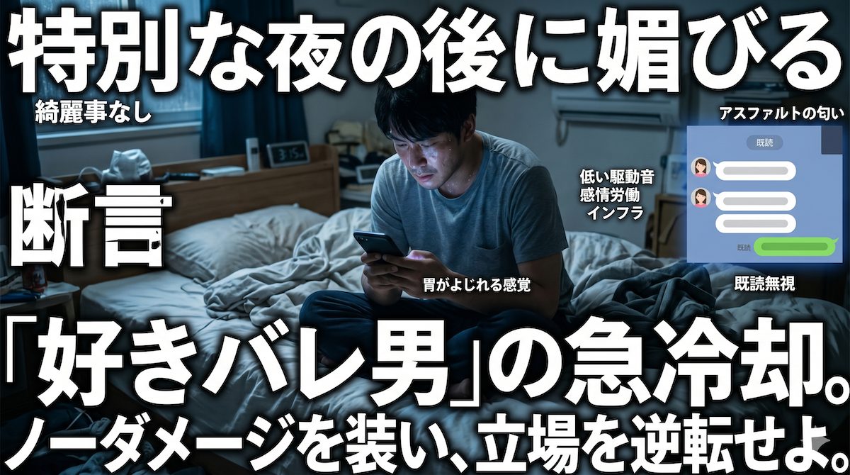 深い関係になった翌日から彼女からの連絡が激減し、乱れたシーツの上で冷や汗を流しながら既読スルーのスマホを見つめる男の姿