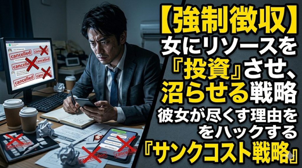 彼女に尽くすのに冷たくされ、マーケティングのサンクコストロジックを用いて、彼女に労力やおカネを投資させ、依存させる戦略を練る冴木遼の姿