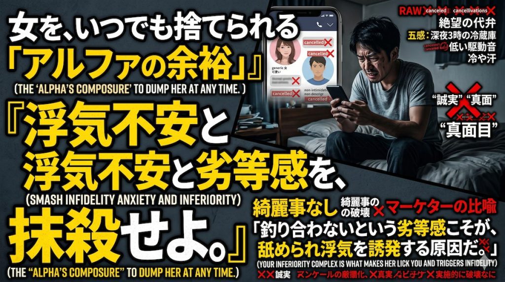 可愛い彼女が他の男と飲みに行っている間、自分には釣り合わないという劣等感と浮気の不安に苛まれ、暗い部屋でスマホのSNSを監視し続ける男の姿