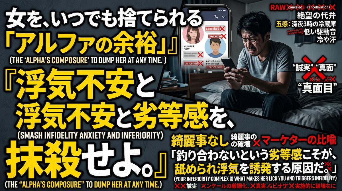 可愛い彼女が他の男と飲みに行っている間、自分には釣り合わないという劣等感と浮気の不安に苛まれ、暗い部屋でスマホのSNSを監視し続ける男の姿