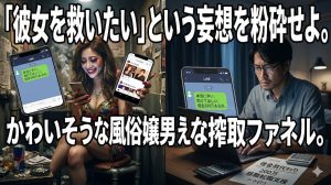 狭い待機室で助けてほしいとLINEを打ちながら、別のスマホでホストのSNSを見て笑う風俗嬢と、画面越しに彼女を救おうと決意し借金の計算をする男性の姿