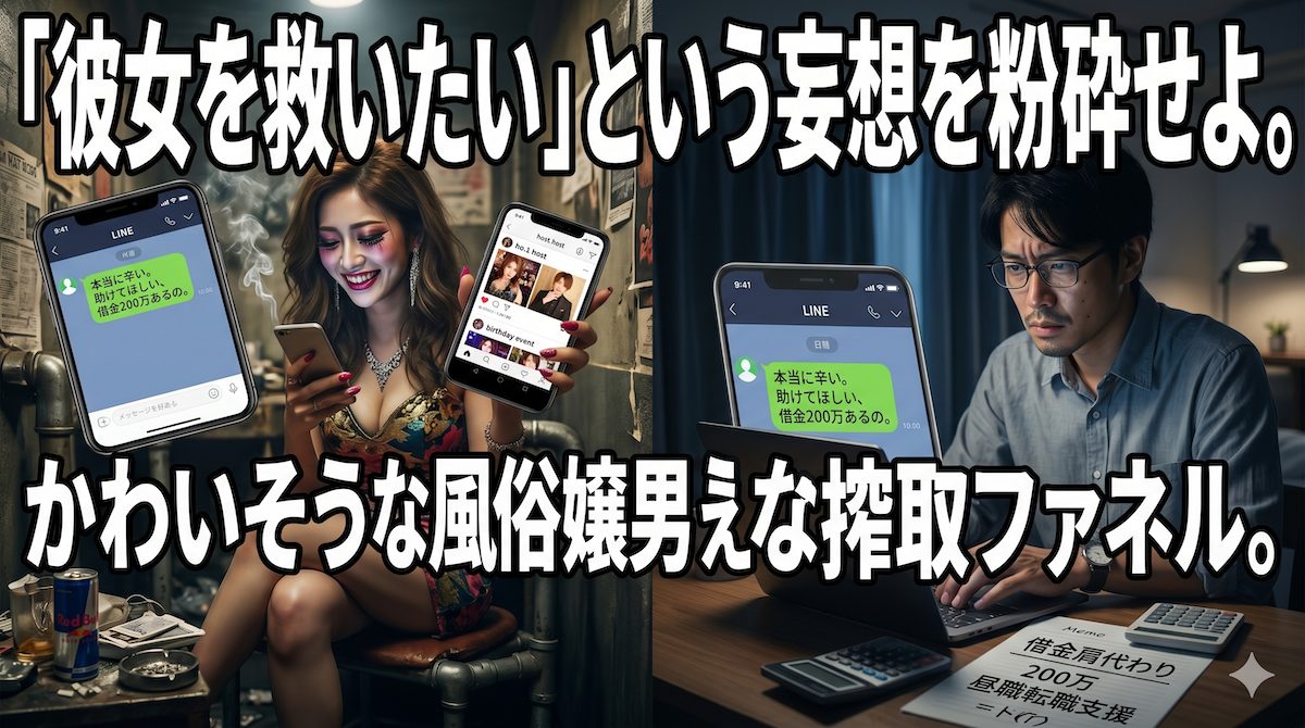 狭い待機室で助けてほしいとLINEを打ちながら、別のスマホでホストのSNSを見て笑う風俗嬢と、画面越しに彼女を救おうと決意し借金の計算をする男性の姿