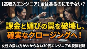 薄暗い高級レストランのテーブル越しに、ハイブランドの紙袋を渡しながら怯えた愛想笑いを浮かべるエンジニア男性と、中身だけを確認して冷ややかにスマホを操作する女性の姿