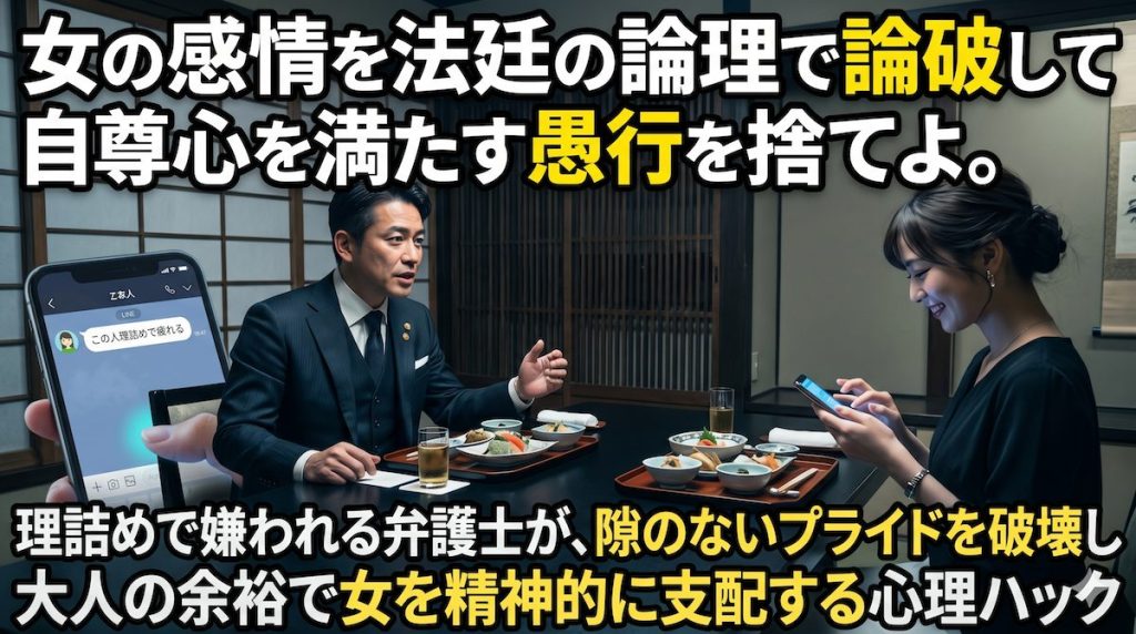 高級和食店で理然と正論を語るスーツ姿の男性弁護士と、愛想笑いを浮かべながらテーブルの下でこの人理詰めで疲れるとLINEを打つ女性の姿