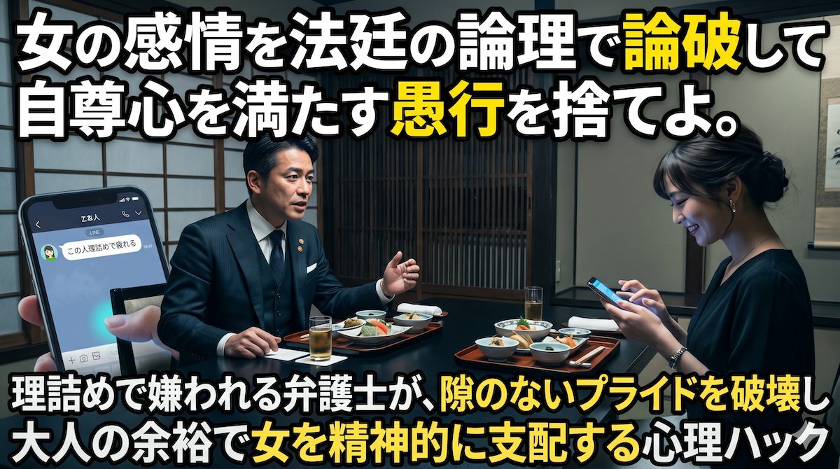 高級和食店で理然と正論を語るスーツ姿の男性弁護士と、愛想笑いを浮かべながらテーブルの下でこの人理詰めで疲れるとLINEを打つ女性の姿