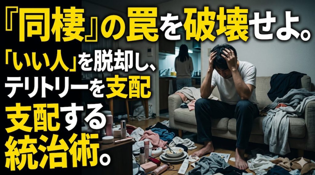 同棲中の部屋で生活感に塗れ、彼女の小言に耐えながら自分の時間がないと絶望してリビングの隅でうつむく男の姿