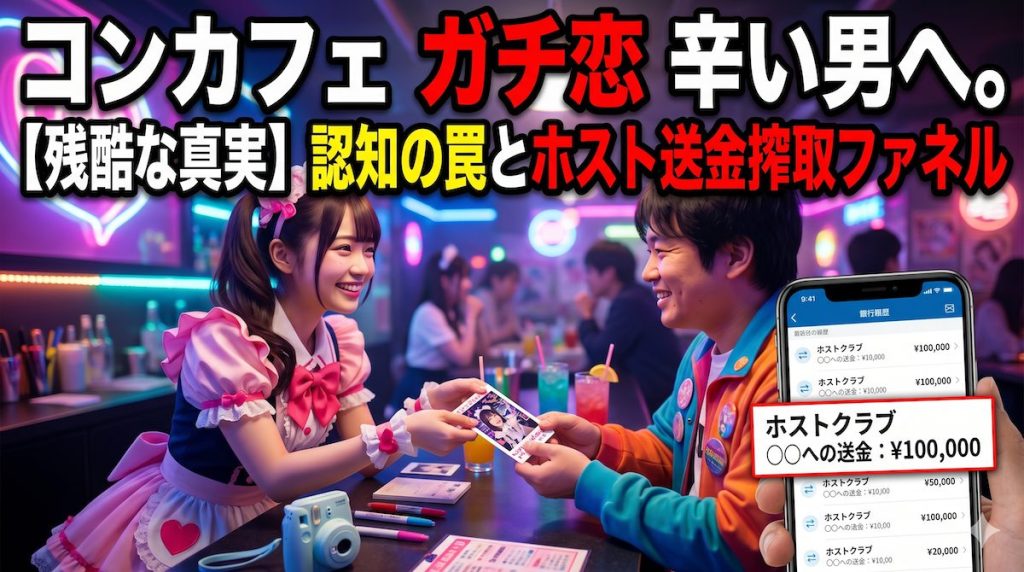 魔法少女の衣装を着たコンカフェ嬢がカウンター越しにオタク客に笑顔でチェキを渡す裏で、スマホ画面でホストへの送金履歴を確認している冷酷な姿