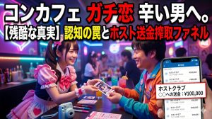 魔法少女の衣装を着たコンカフェ嬢がカウンター越しにオタク客に笑顔でチェキを渡す裏で、スマホ画面でホストへの送金履歴を確認している冷酷な姿