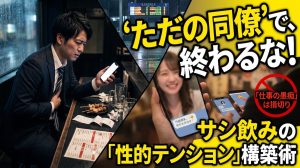 職場の女性とサシ飲みに行きながらも仕事の愚痴ばかりでデート感が全くなく、終電の時間になってしまい自己嫌悪に陥る男の姿