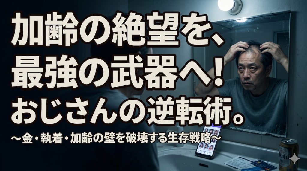 深夜の洗面台の冷たい鏡の前で、薄くなり始めた頭髪と疲労が刻まれた自分の顔を見つめながら、20代の女性から相手にされない現実と、誰からも愛されずに孤独死を迎える恐怖に静かに絶望する中年男性の姿