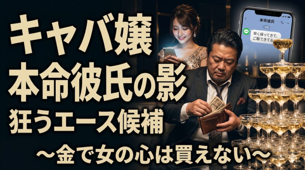 シャンパンタワーの横で財布を開く男性客の背後で、スマホに映る同棲中の本命彼氏からのメッセージを見て微笑むキャバ嬢の姿