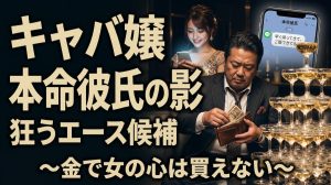 シャンパンタワーの横で財布を開く男性客の背後で、スマホに映る同棲中の本命彼氏からのメッセージを見て微笑むキャバ嬢の姿