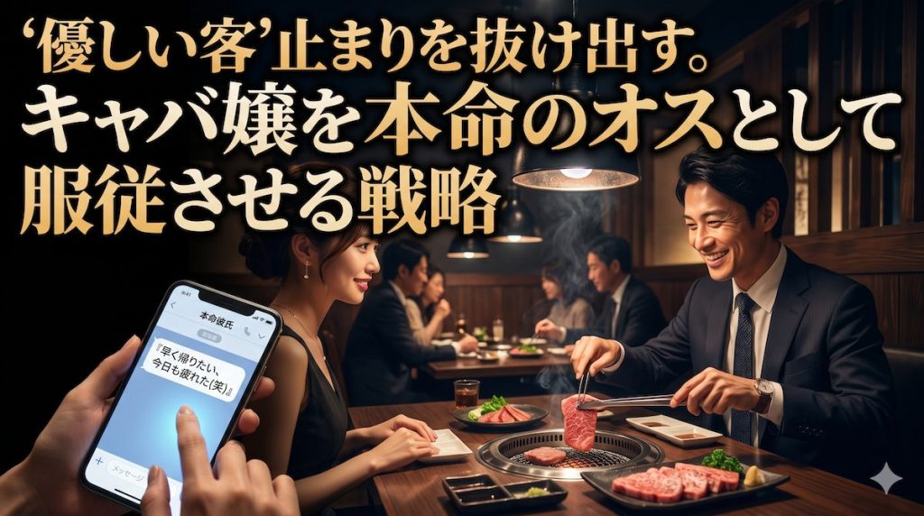 高級焼肉店で嬉しそうに肉を焼くスーツ姿の男性客をよそに、テーブルの下で本命の彼氏に早く帰りたいとLINEを送る冷めた表情のキャバ嬢の姿