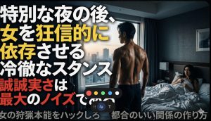 特別な夜の翌朝、冷たい態度をとることで女性の狩猟本能を刺激する冷徹な男性の背中