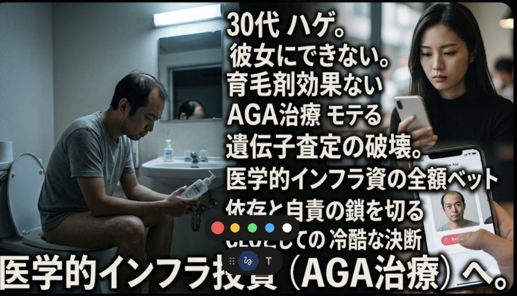 薄暗い洗面所で効果のない育毛剤を見つめ絶望する薄毛の男性と、マッチングアプリで彼の写真を無表情に左スワイプする女性