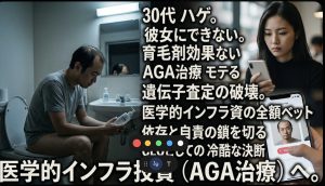 薄暗い洗面所で効果のない育毛剤を見つめ絶望する薄毛の男性と、マッチングアプリで彼の写真を無表情に左スワイプする女性