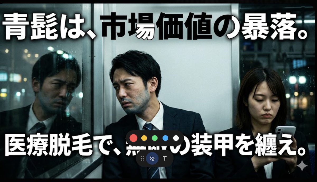 電車の窓ガラスに映る自分の青髭と肌荒れに絶望するスーツ姿の男性と、その横でスマホを見ながら無表情で別の男とLINEをする女性