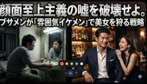 鏡の前で自分の顔の悪さに絶望して遺伝子を恨むブサメンの横で、顔のパーツは普通だが洗練されたシルエットを持つ雰囲気イケメンに笑顔を向ける美女