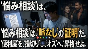 深夜の自室で職場の女性からの長文の愚痴LINEに付き合いながら、自分はただの便利屋で恋愛対象ではないという現実に胃を痛める男の姿