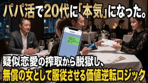 高級レストランで茶飯パパの50代男性がお手当の封筒を渡す向かいで、笑顔で受け取りながらテーブルの下で本命の彼氏にLINEを送る20代パパ活女子の姿
