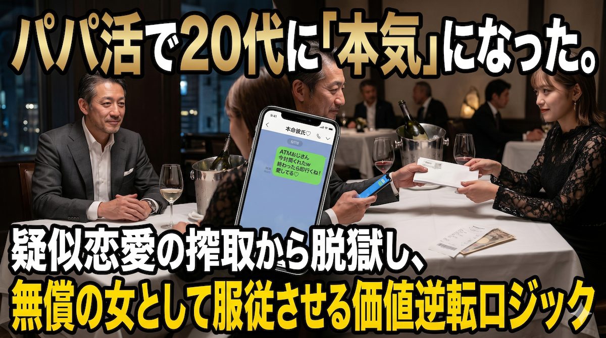 高級レストランで茶飯パパの50代男性がお手当の封筒を渡す向かいで、笑顔で受け取りながらテーブルの下で本命の彼氏にLINEを送る20代パパ活女子の姿