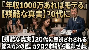 婚活パーティーの会場で、年収1000万のプロフィールカードを持つ40代男性が、20代女性たちから冷ややかな目で見られ、彼女たちがスマホで別の同年代の男とLINEをしている残酷な光景