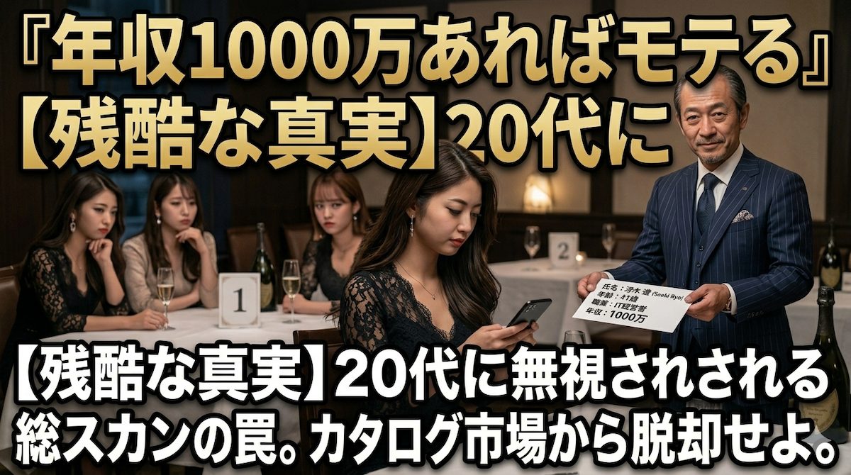 婚活パーティーの会場で、年収1000万のプロフィールカードを持つ40代男性が、20代女性たちから冷ややかな目で見られ、彼女たちがスマホで別の同年代の男とLINEをしている残酷な光景