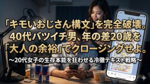 暗い部屋でペアーズを開く40代バツイチ男性の背後で、送られてきた絵文字だらけのメッセージを見て嘲笑する20代女性の姿