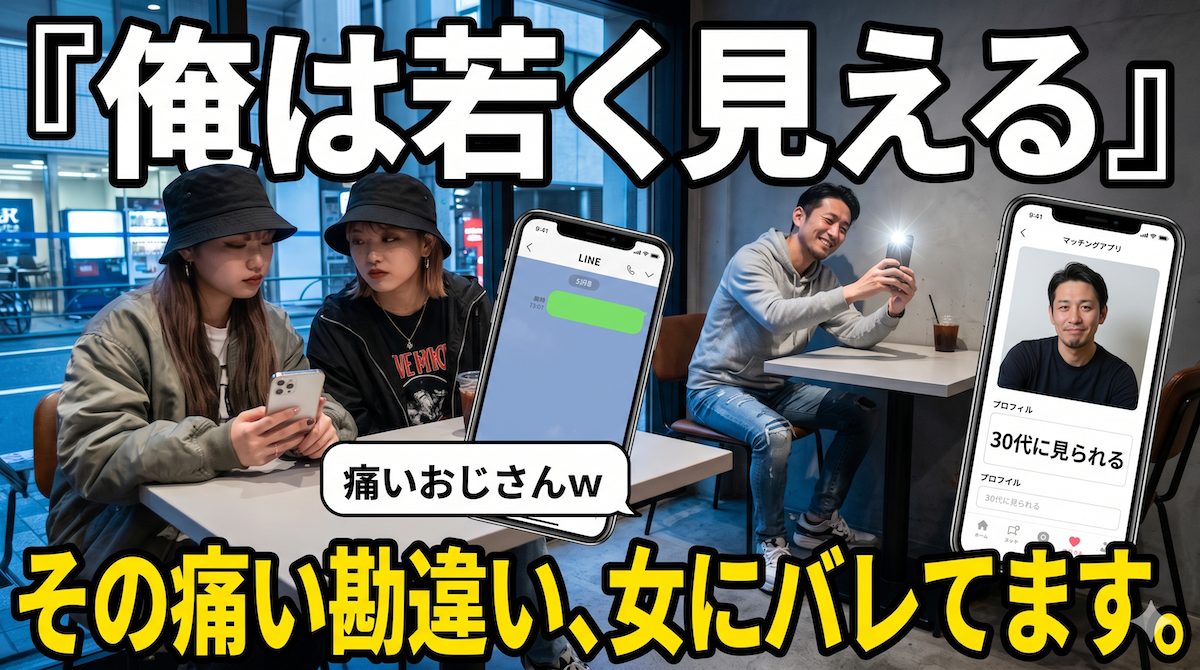 細身の若者向けファッションでマッチングアプリの自撮りをする40代男性を、カフェの隣の席で冷ややかな目で見つめながら「痛いおじさん」とLINEするZ世代の女性たち