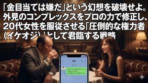 高級ラウンジでグラスを傾ける薄毛の50代男性の向かいで、笑顔を見せながらテーブルの下で若い彼氏にLINEを送っている20代女性の姿